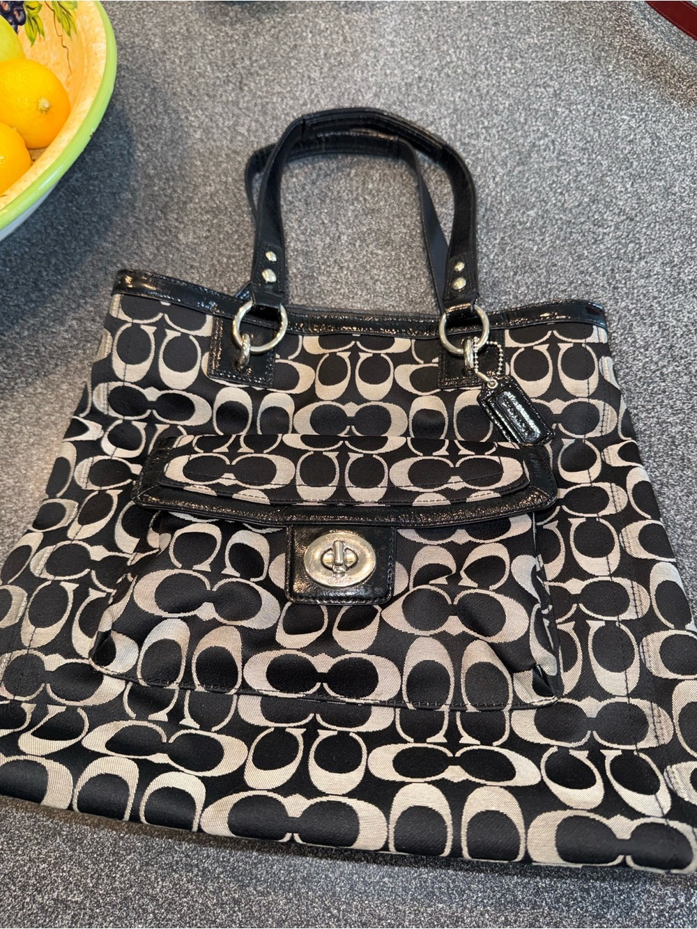 Coach Black and Cream Signature Canvas Tote with Front Flap Pocket